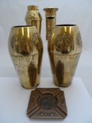 Collection of miscellaneous brass including two hammered vases with impressed WFM 31 to base, Art