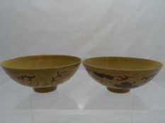 Pair of Chinese fine porcelain tea bowls, the two toned bowls depicting flowers having character