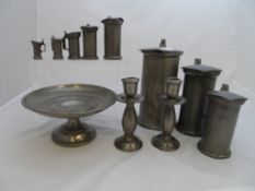 Miscellaneous Pewter including a set of seven continental lidded measures together with a hand