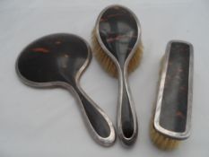 Solid Silver Tortoiseshell Dressing Table Set comprising of Hairbrush, Clothes brush and Mirror,