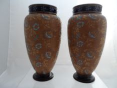 A Pair of Doulton Lambeth Ware Slatter patent Vases, the vases having a turquoise and pink floral