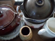 Miscellaneous Porcelain, three Evesham dishes, Poole pottery tureen, Scheurich Keramik vase, Moira