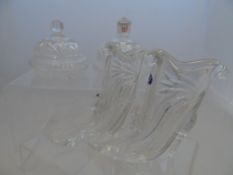 Cut Glass, two cut glass shoes together with two lidded dishes.