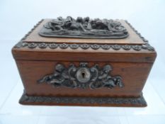 An Oak Tea / Tobacco Box, the box having an antique Middle Eastern hunting scene to the top with