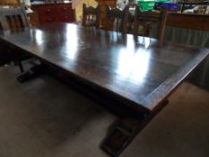 A Hand Crafted Reclaimed Oak Refectory Table; the table being on a heavy pedestal base, approx.