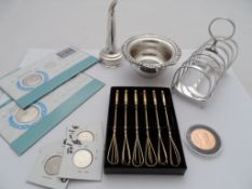 A Collection of misc. silver plate incl. toast rack, wine strainer and funnel together with a set of