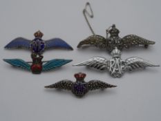 Five RAF Sweet Heart Badges including one sterling silver light blue enamel with lion finial, silver