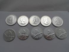 Ten Canadian Silver 5 Dollar Cougar Coins, 320 grams.