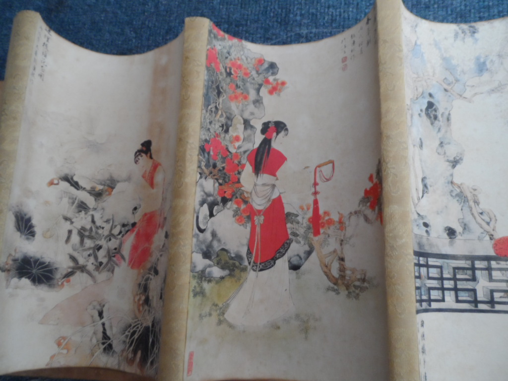 Chinese Silk Scroll, having six hand painted panels depicting Chinese women with character marks