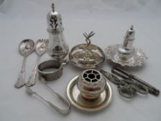 Collection of miscellaneous silver plate; sugar shaker, pepper pot, bon bon dishes, ashtray.