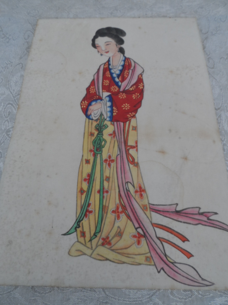 Four hand painted Chinese silk paintings depicting ladies in traditional costume. (6)