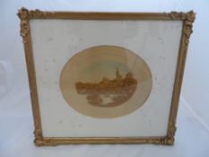 19th Century Cork Study, a framed and glazed cork study of a palace near a river bank in an oval