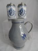 Collection of misc. German pottery incl. two lidded steins by Linde depicting lions, vintage ale jug