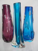 Three Whitefriars Glass vases to include Kingfisher Tricorn Vase #9570 Geoffrey Baxter and two