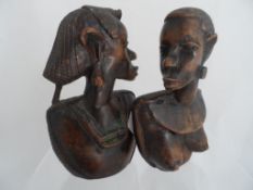 Collection of misc items pair of African hardwood busts one depicting a semi-naked tribal figure,