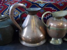 Miscellaneous collection of brass and copper including a copper kettle, two copper jugs, four