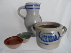 Collection of ceramics incl. a water pitcher, a two handled pot, a Campden pottery mug, condiment