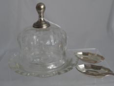 Two continental 835 hallmarked pin dishes together with sugar spoon and cut glass cheese dish