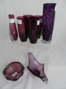 Assorted glass including six lilac tumblers, Whitefriars bubble dish and a Lilac bark finish vase