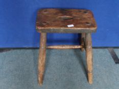 Antique Oak stool on four turned legs and stretchers. 40 x 40 x 47 cms.