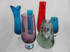 Six Vintage Whitefriars Glass bud vases including Lilac, three Kingfisher, one Ruby and one Sage.