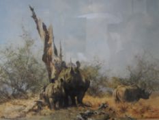 David Shepherd Limited Edition Print entitled `Rhino Beware`, the limited edition print having