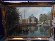 20th Century Original Oil on Canvas, depicting a European canal scene, approx. 48 x 69 cms.