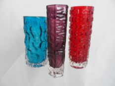 Three Textured Coloured Glass vases possibly Whitefriars including Ruby 18 cms, Kingfisher 15 cms