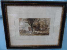 An antique original sepia watercolour depicting a countryside scene, approx. 15 x 9 cms.