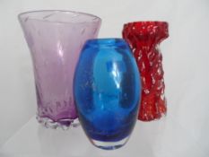 Two Whitefriars Glass vases including a Lilac Dimpled Vase, Ruby Textured Bark Vase together with