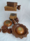 Collection of misc. wood turned items incl. four trinket boxes, two bowls, six coasters, napkin