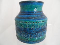 Italian Bitossi `Rimini Blue` Vase, the circular pot with blue green glaze with impressed