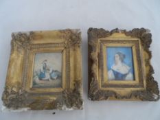 Two original hand coloured miniatures, one being of a lady, the other of two ladies with one weeping