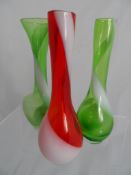 Art Studio Glass three candied glass vases one orange and two green with white banding