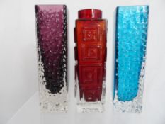 Three Whitefriars Glass vases to include two Nailhead design #9683 in Kingfisher and Aubergine