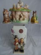 Collection of misc. pottery and porcelain incl. Sylvac lidded pot depicting rabbits 1513 to base (