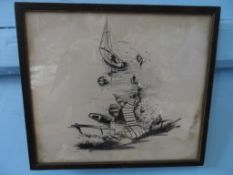 An original ink drawing depicting a view over a jetty, possibly Cornwall - Peter J Morter dated `