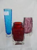 Three Whitefriars Glass vases including Lilac Coffin case vase 13 cm, Kingfisher blue hexagonal vase