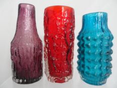 Three Whitefriars Glass vases to include Aubergine Shouldered Vase #9730 21 cm. Textured Range,