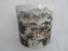 Late 19th century Chinese Ceramic Brush Pot the large circular brush depicting a mountain and