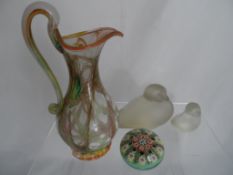 A milliefiori glass paperweight together with two glass ducks, fruit basket, Wedgwood glass