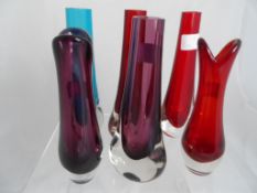 Six vintage Whitefriars bud vases including one Kingfisher, two Lilac and three Ruby. (6)