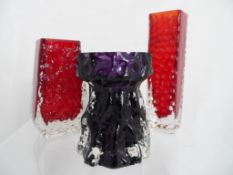 Three Whitefriars Glass vases including a Ruby coffin vase 13 cms, Aubergine textured vase 11 cms