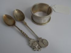 Two silver teaspoons and a Birmingham Silver napkin ring