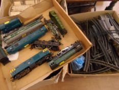 Miscellaneous collection of trains and accessories comprising of Hornby engines, rail tracks and