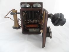 Vintage Bell Box telephone, the mahogany cased telephone having brass ear piece with two metal