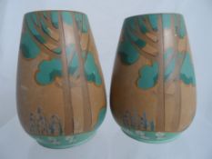 A pair of Vintage Clacton Vases, hand painted depicting bluebells and trees. (waf)