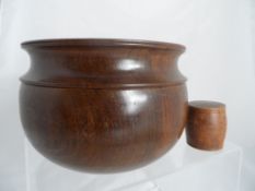 A Vintage hand carved wooden Fruit Bowl together with an antique treen ware lidded pot in the form