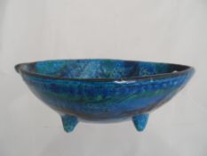 Italian Bitossi `Rimini Blue` dish, the blue and green glazed, four footed dish with impressed