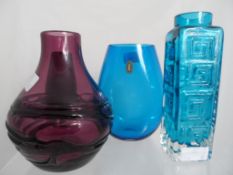 Four Whitefriars vases including Kingfisher Greek key vase, ovoid Kingfisher vase and a ovoid